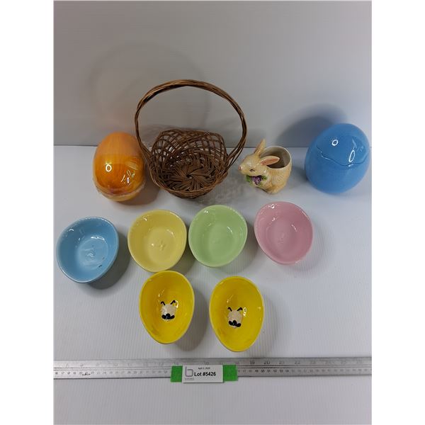 Lot Of Easter Themed Items, Egg Shaped Bowls, Wicker Basket, Misc