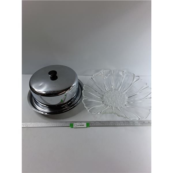 Stainless Platter w/ Lid, Glass Tray centre Piece- 15" Diameter