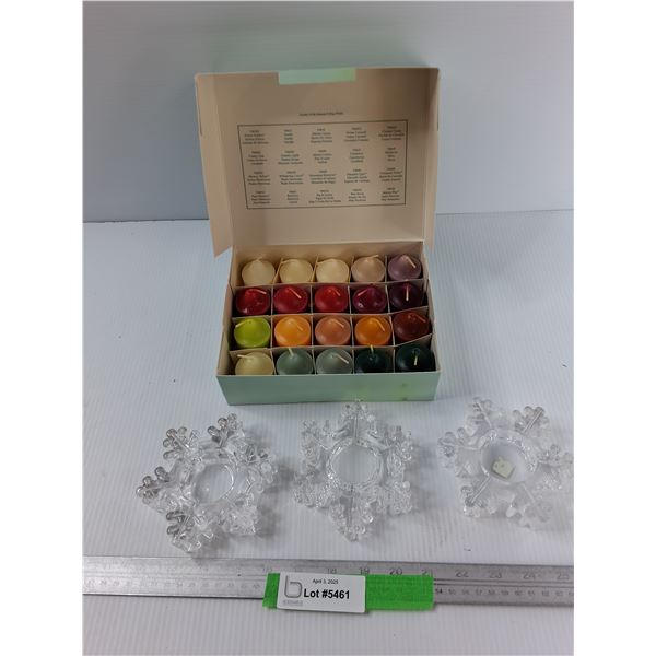 Box of 20) Different Scented Candles, (3) Snowflake Glass Candle Holders
