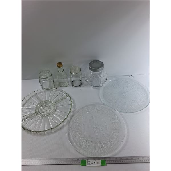 (4) Glass Canisters- Tallest Is 7.5" Tall, (3) Round Circular Trays