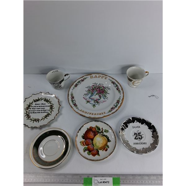 Various Anniversary Themed Dishes, (5) Plates, (2) Cups