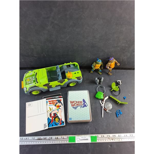 Ninja Turtles Toys, Toy Car, Wonder Woman Post Cards and Plastic Container