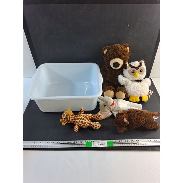 Plastic Container and Various Plush Toys