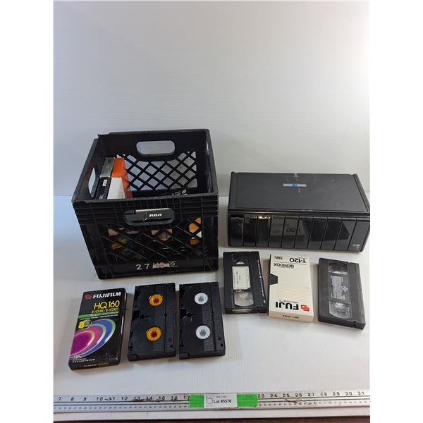 Milk Crate, Cassette Organizer and Various VHS Cassettes