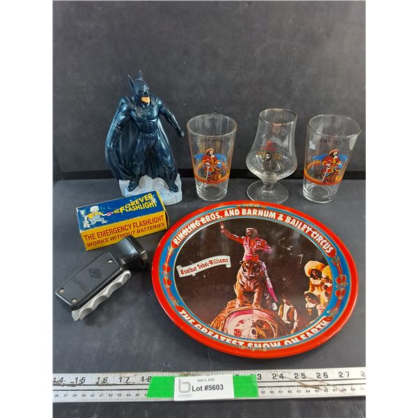 Emergency Flashlight, Serving Tray, Batman Coin Bank and Glass Cups
