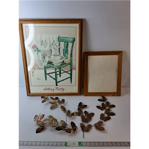 (4) Home Decor Items- Metal Butterflies, Wood Frame, Framed 'Sitting Pretty' Painting by Helen Paul