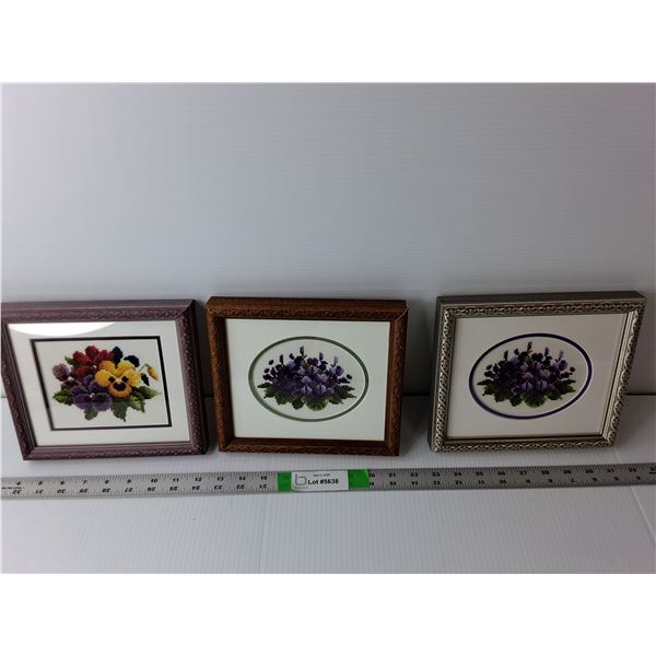 (3) Framed Crocheted Flowers