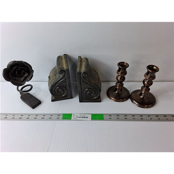 (2) Metal Candleholders 5.75" Tall & Flower, Ceramic Bookends