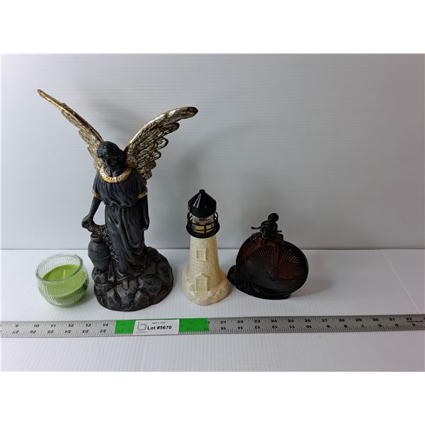 (2) Vintage Cologne Bottles- One Full, Angel Ceramic Candle Holder 11.75" Tall, Candle