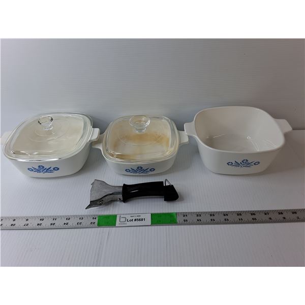 (3) Corningware Ceramic Dishes 7" Diameter,  (2) Lids & Handle