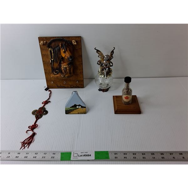 Wooden Horse Keyholder 8.5" Tall, Painted Sawblade End, Bottle of Rye Kernels