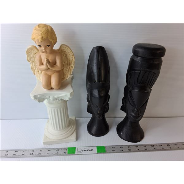 Home Decor Items- (2) Wooden Tribal Heads, Ceramic Angel on Pillar