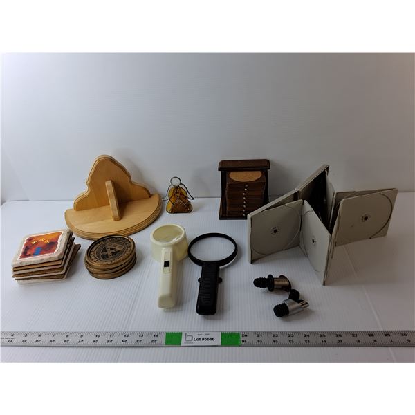 (3) Sets of Coasters- Floral Ceramic, Wooden, Harvard School of Business, (2) Magnifying Glasses, CD