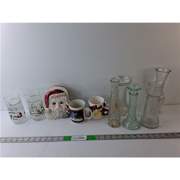 (6)Glass Vases Up to 9" Tall, (4) Christmas Mugs/Glasses, Santa Napkin Holder