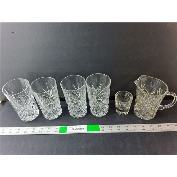 (4) Crystal Glasses, Glass Creamer & Shot Glass