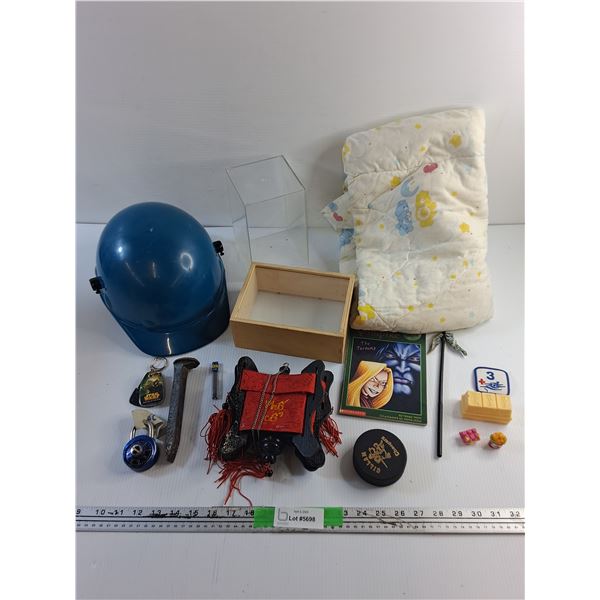 Hard Hat, Hockey Puck, Care Bear Pillow Case, Star Wars Key Chain, Chisel and Misc