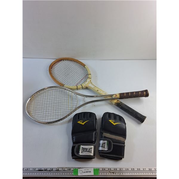 (2) Badminton Rackets and Everlast Sparring Gloves