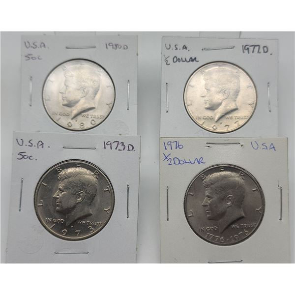 4 USA 1/2 Dollar 1973D, 1977D, 1980D & 1976