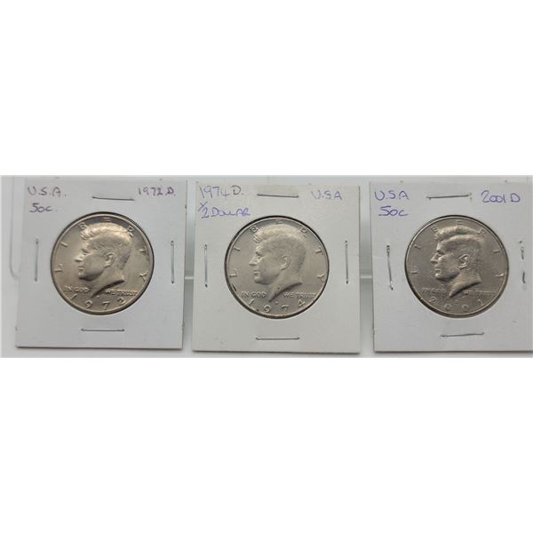 3 USA 1/2 Dollar 1974D, 2001D & 1972D