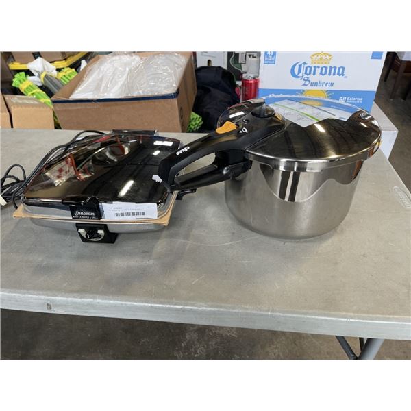 AS NEW PRESSURE COOKER AND SUNBEAM 4 SLICE WAFFLE IRON