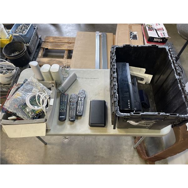 TOTE OF ASSORTED ELECTRONICS INCLUDING EXTERNAL HARD DRIVE AND MORE