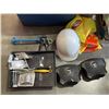 Image 2 : TOTE OF ASSORTED SHOP SUPPLY, HARDWARE, DISPOSABLE GLOVES, PAINTING AND MORE