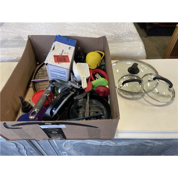 BOX OF KITCHEN UTENSILS AND KITCHEN SUPPLIES