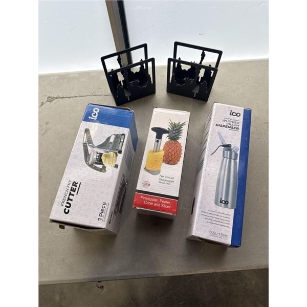 ICO FRENCH FRY CUTTER, WHIPPED CREAM DISPENSER, PEELER/CORER/SLICER AND 2 PACK METAL NAPKIN HOLDERS