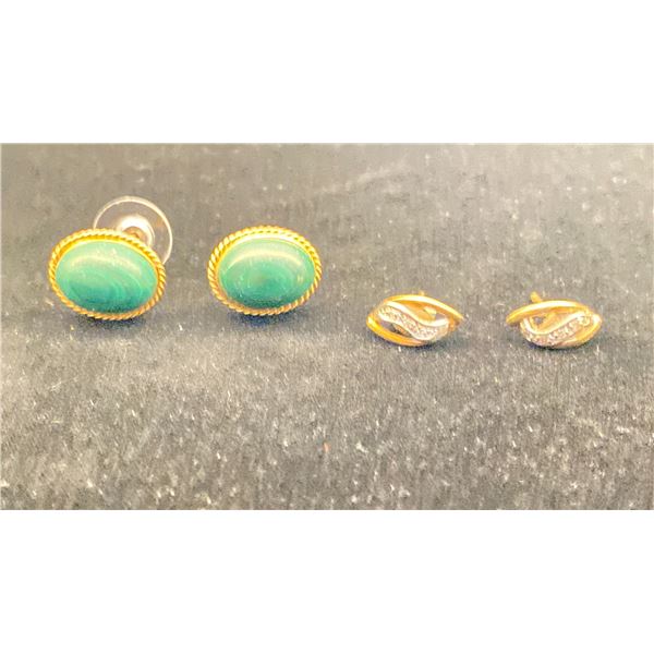 TWO PAIRS 18K EARRINGS SET WITH MALACHITE AND DIAMONDS (8.5G TOTAL)