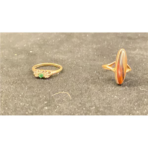 10K LADIES RING SET WITH TIGERS EYE, 14K LADIES RING SET WITH EMERALD AND DIAMONDS (0.1CT, 4.1G