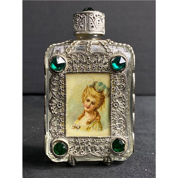 Hard to Find Amazing 1930's Scherk Renaissance Perfume Bottle with Metal Filigree Work and Jewels