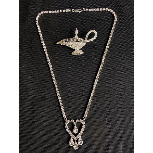 Gorgeous Vintage Rhinestone Necklace and Genie Lantern Brooch.