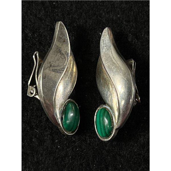 Nice Pair of Sterling & Malachite Modernist Earrings