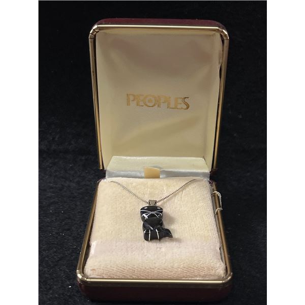 925 Sterling Silver Onyx Sterling Inlay Cat Pendant 1" On 925 Sterling Silver Curb Link Chain - Test