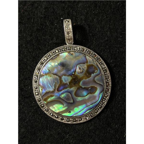Sterling Silver 925 1.5" Across 2" With Bale - Abalone Marcasite Pendant - 9.32 Grams - Marked 925 -
