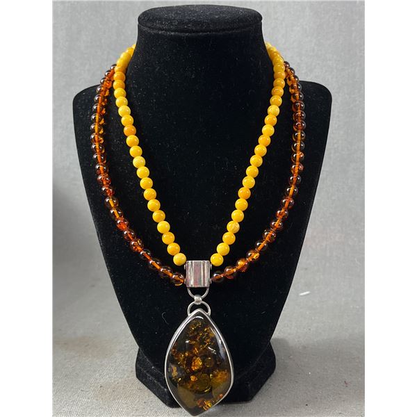 Vintage Double Strand Amber Necklace with Large Amber Pendant