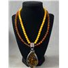 Image 1 : Vintage Double Strand Amber Necklace with Large Amber Pendant