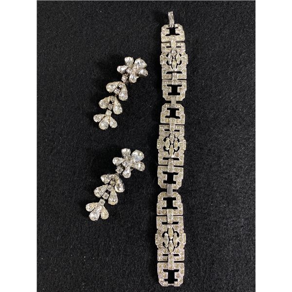 1930's Art Deco Rhinestone Bracelet & Rhinestone Earrings