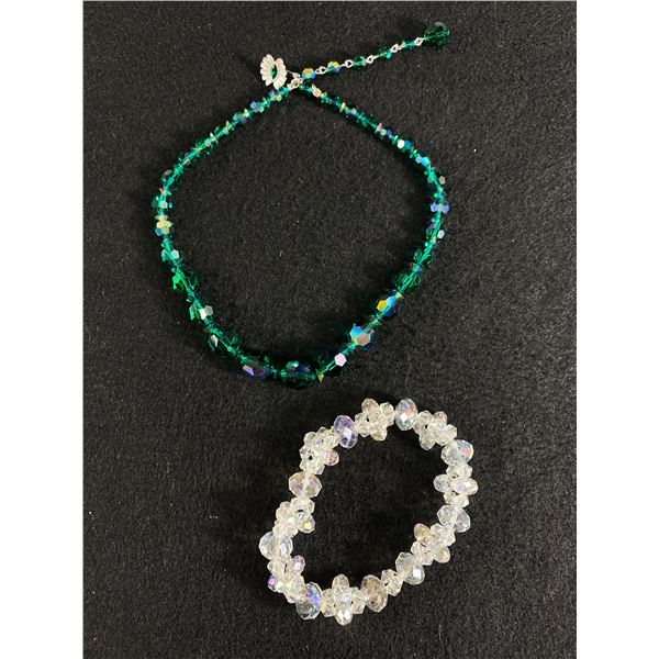 Good Quality Green Crystal Necklace 1950's & Clear Crystal Bracelet
