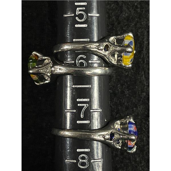 3 Silver with Milifori Design Art Glass Stones Rings. 2 Size 6 1 Size 7