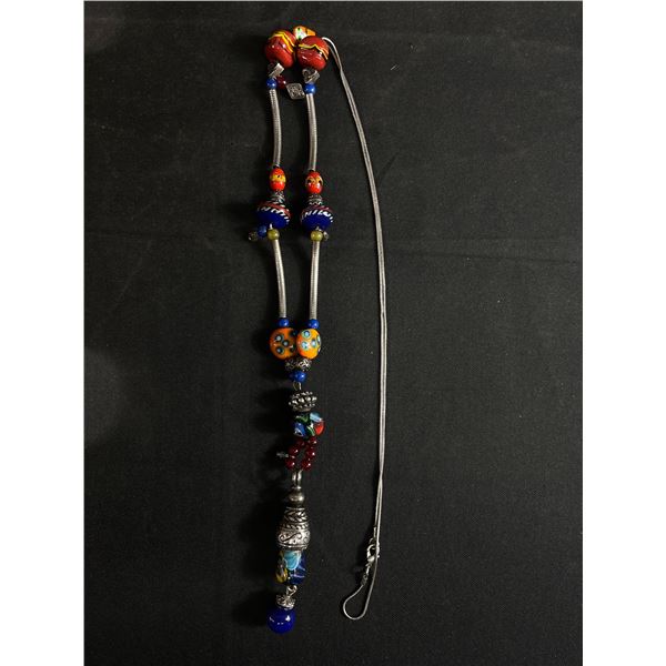 Extra Length Silver Chain with Art Glass & Fancy Silver Beads Garnet Beads Necklace