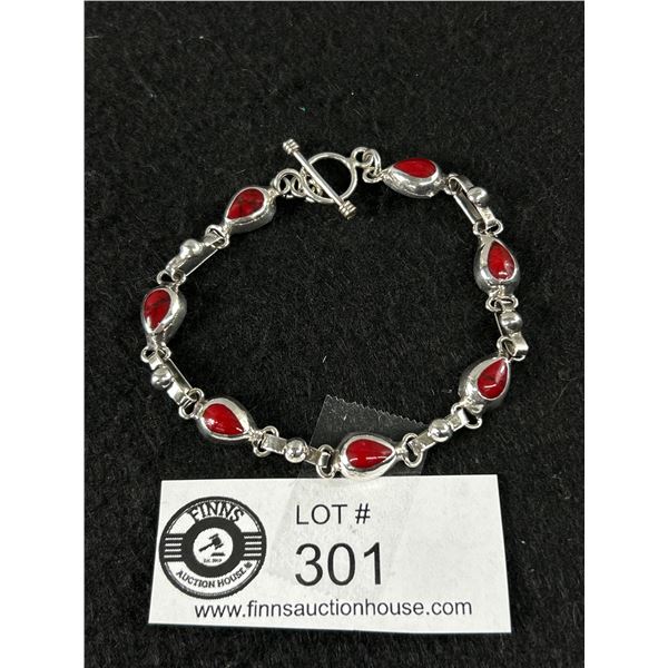 Beautiful Sterling Silver with Red Stones Links Bracelet Marked 925 Mexico