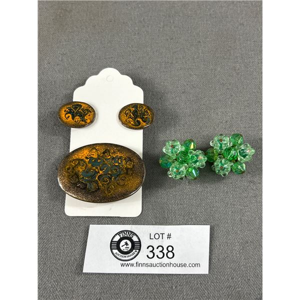1960's Copper & Enamel Brooch & Earrings Plus 1960's Green Glass West Germany Earrings