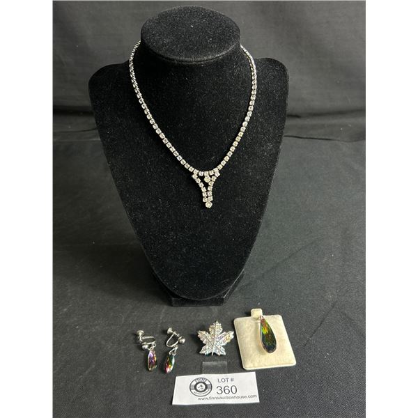 Vintage Rhinestone Lot of Earrings, Necklace and Maple Leaf Brooch