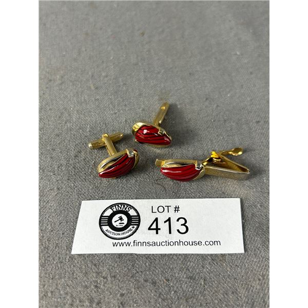 Eye Catching Unique Gold Tone Cufflinks Set with Red Stone