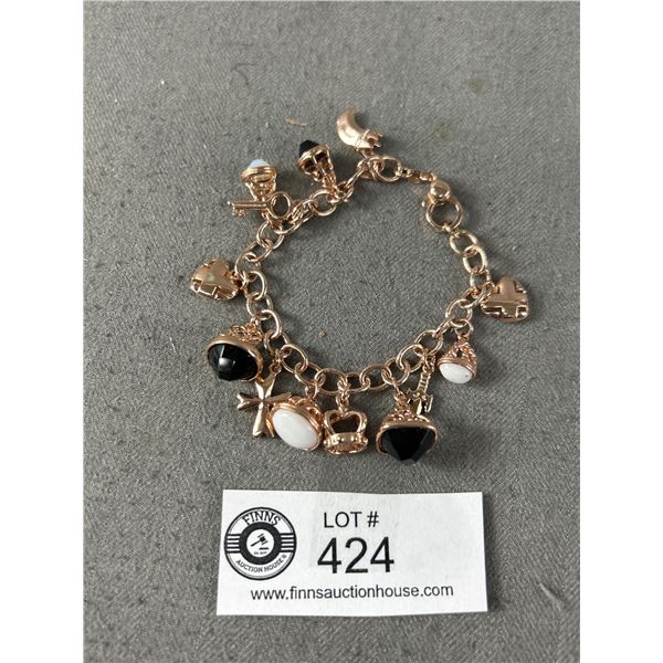 Gorgeous Gold Oer Sterling Silver Charm Bracelet with Charms. Marked 925 & Designer Logo 30gr