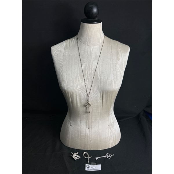 2 Vintage Rhinestone Brooches, Key Design Pendant &Seed Pearl Pendant with Chain Necklace