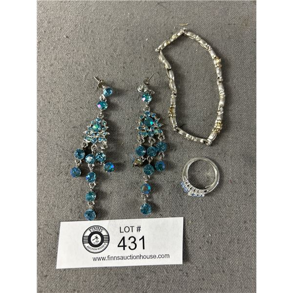 Silver Plated Rhinestone Bracelet & Ring & Pair of Chandelier Earrings
