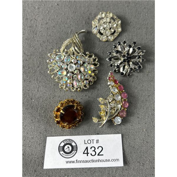 5 Vintage Rhinestone Brooches