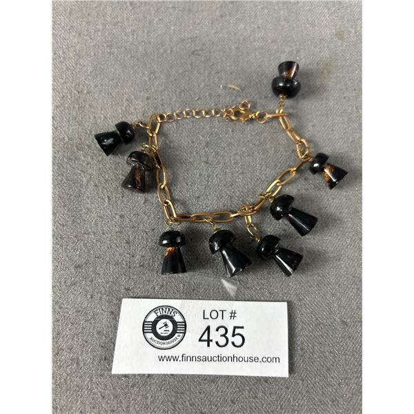 Vintage Hand Carved Black Coral Mushroom Charms Bracelet
